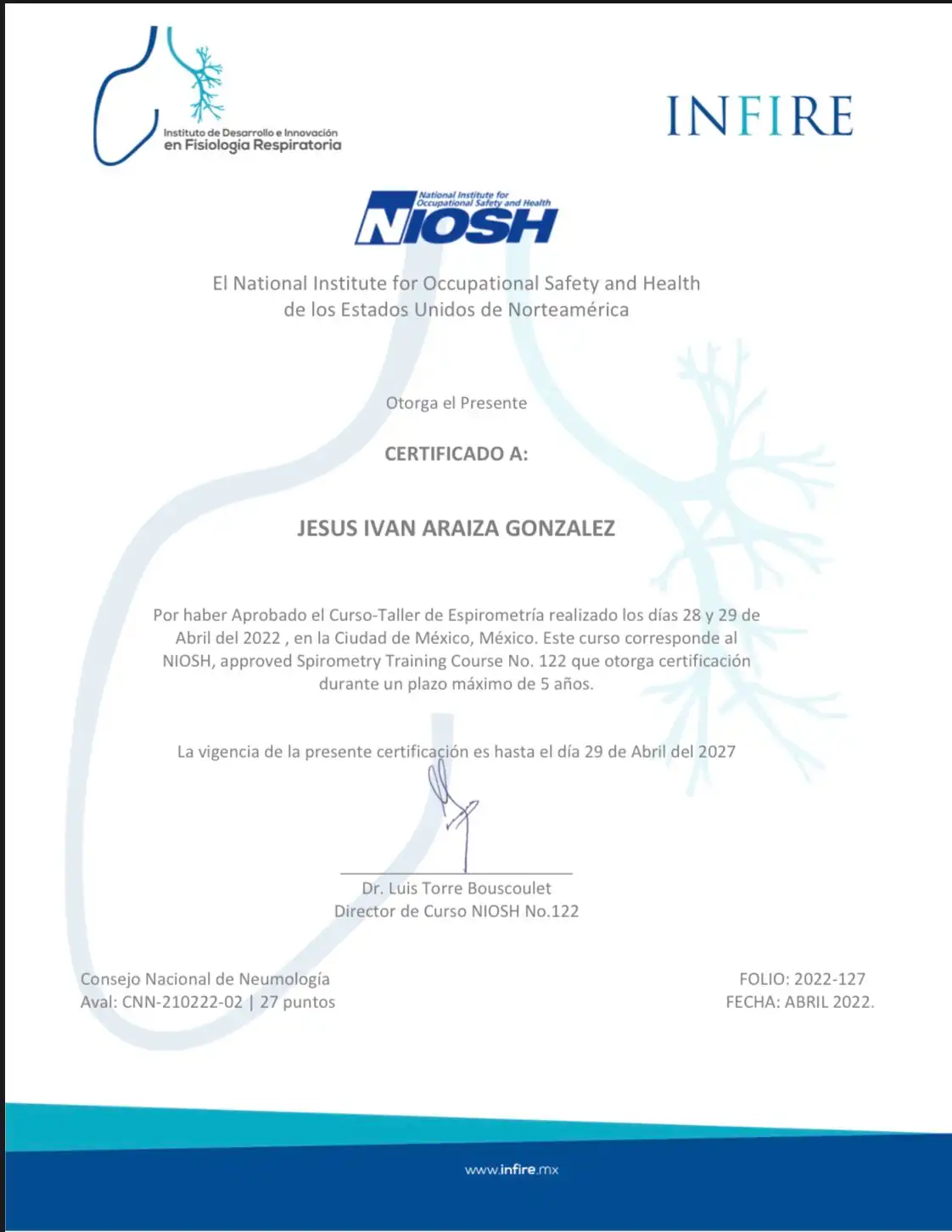Diploma: Curso-Taller de Espirometría NIOSH